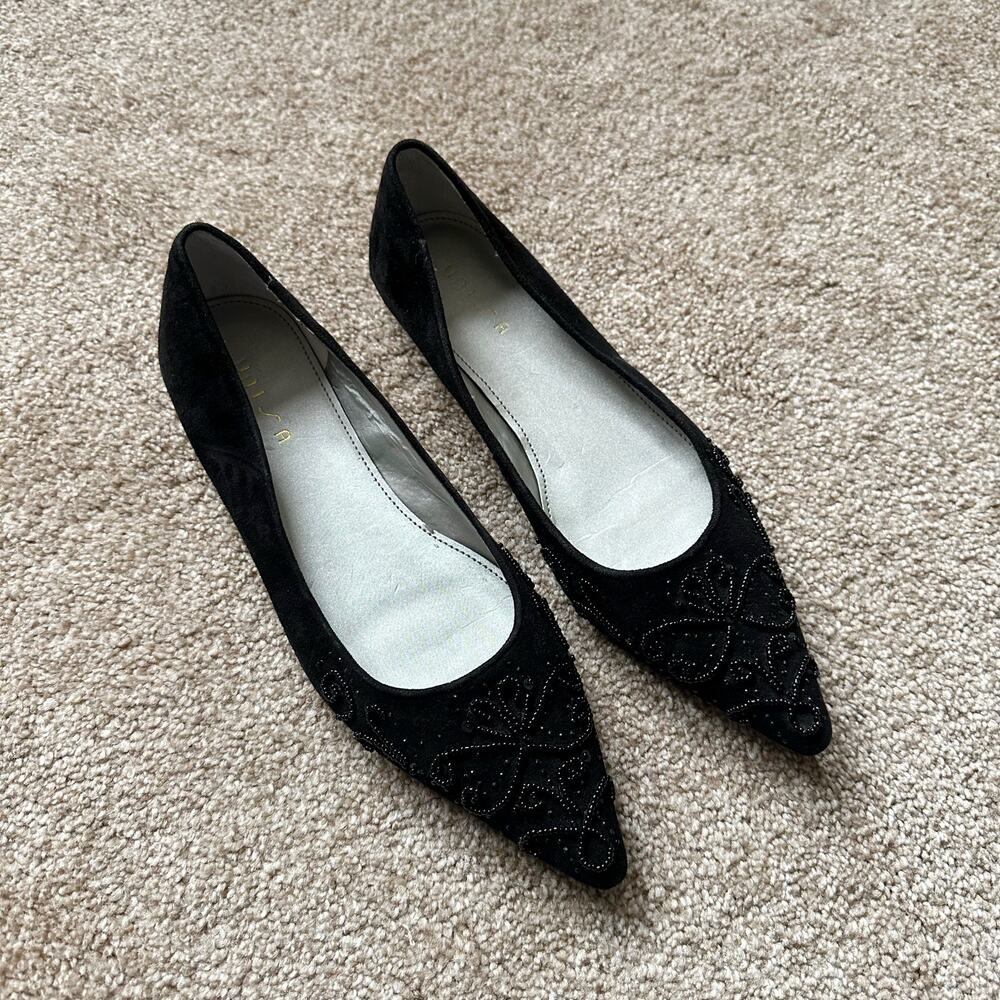 Vintage Unisa Black Suede Willa Beaded Point Toe Flats Size 7